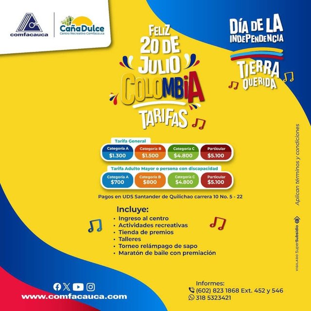 Celebra la Independencia de Colombia en el Centro Recreativo Caña Dulce en Santander de Quilichao el 20 de Julio