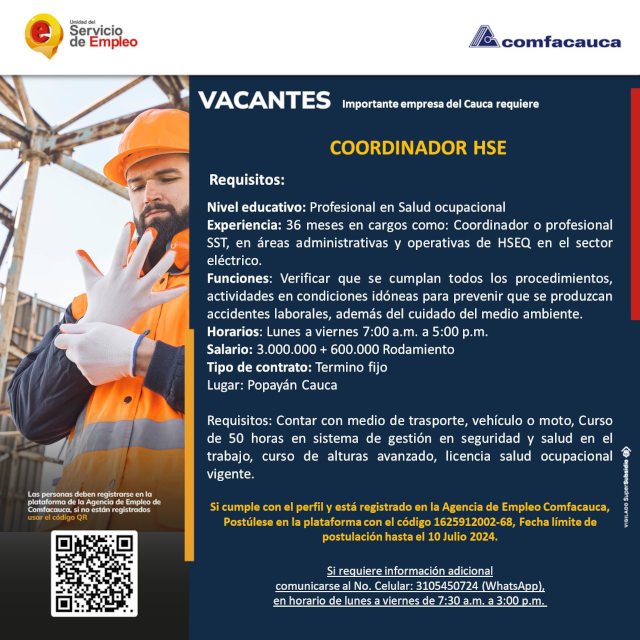 Agencia de Empleo Comfacauca - Vacante Coordinador HSE