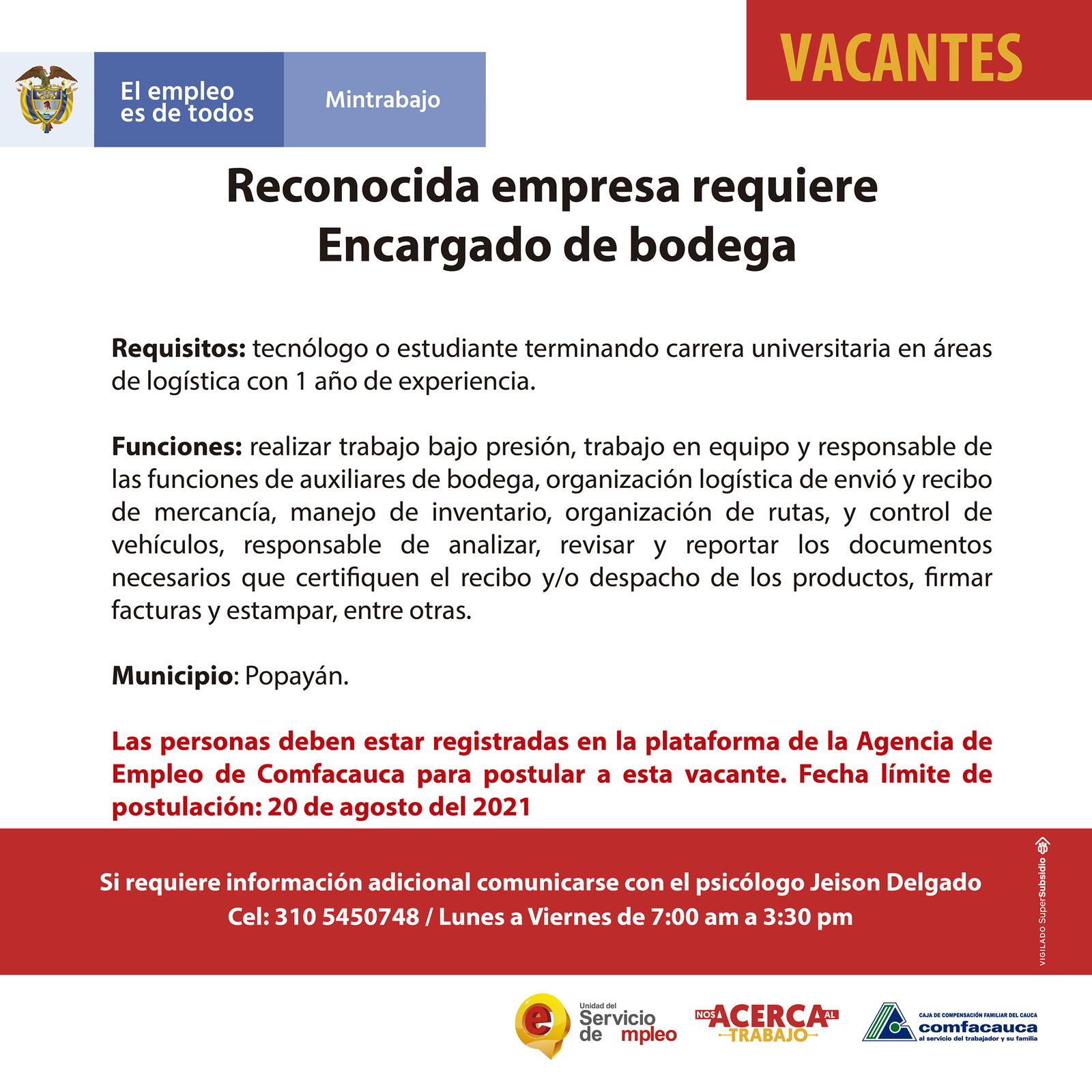 Atención a estas vacantes - Comfacauca - 08112