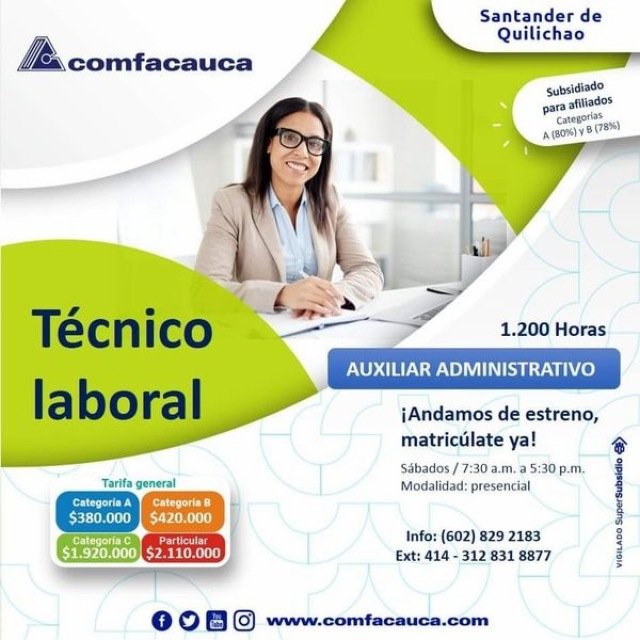 Comfacauca #SantanderDeQuilichaotiene cupos disponibles para iniciar Técnicos Laborales