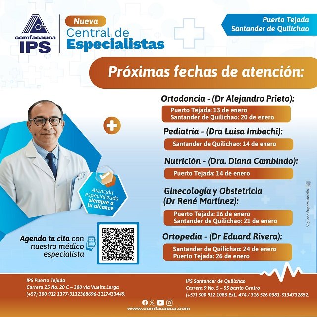 🩺 Salud especializada a tu alcance: Comfacauca abre agenda en Popayán, Santander y Puerto Tejada 7 Comfacauca abre agenda en Popayán, Santander y Puerto Tejada