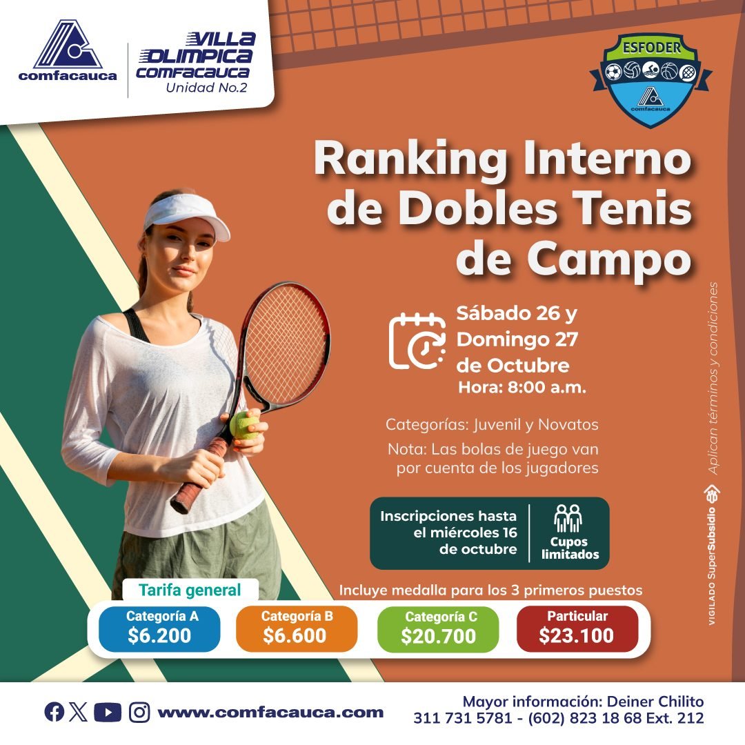 Compite y sube en el Ranking Interno de Dobles de Tenis - Comfacauca