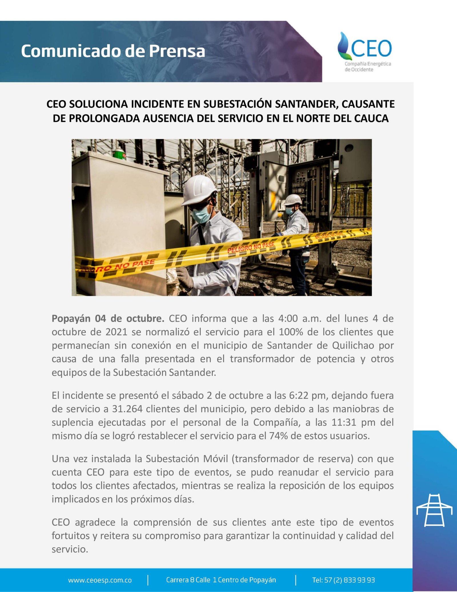 Comunicado Falla transformador Santander Qv2