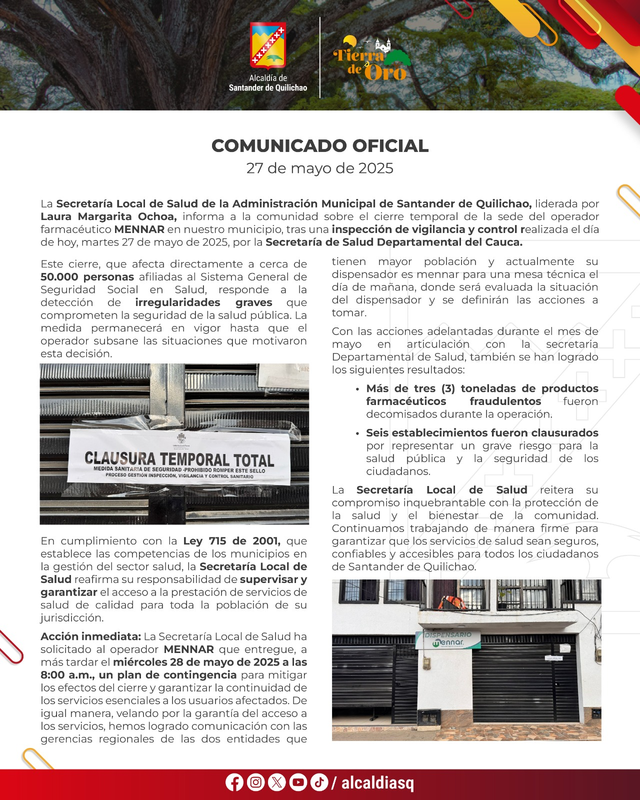 Comunicado Farmacéutica MENNAR cerrada temporalmente por graves irregularidades