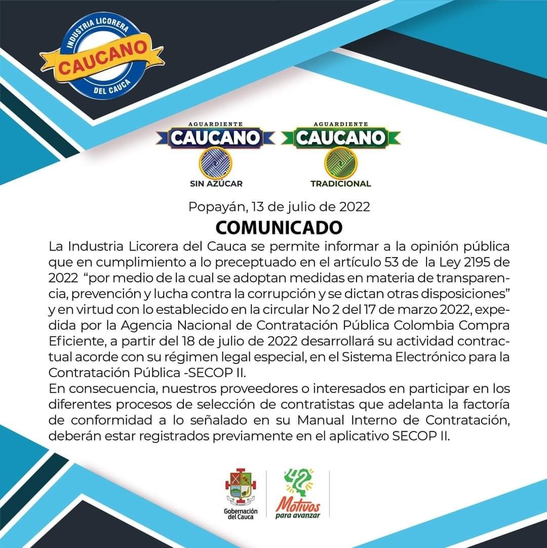 La Industria Licorera del Cauca Informa a la opinión pública... 29 Comunicado- Industria Licorera del Cauca