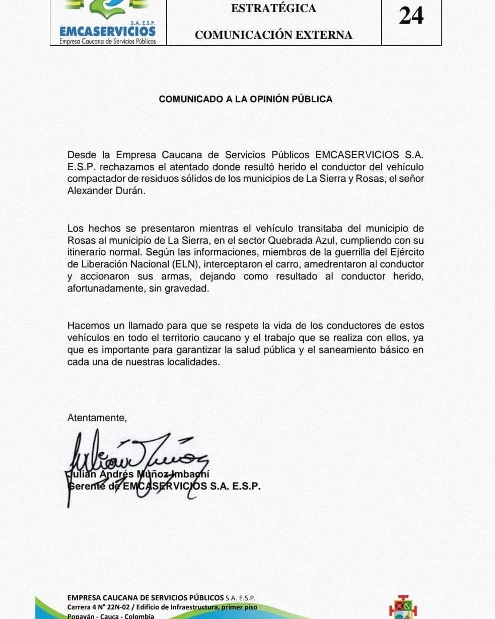 Comunicado a la opinión pública sobre hechos en La Sierra, Cauca
