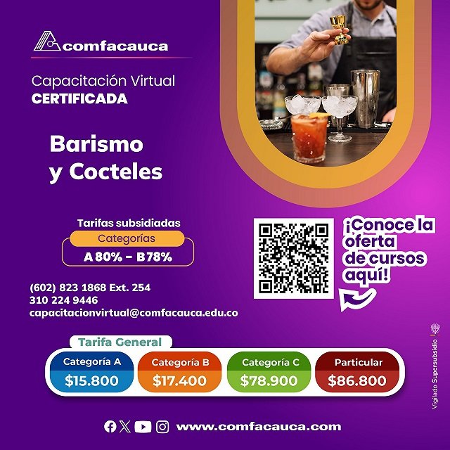 Cursos virtuales Comfacauca - Barismo y cocteles