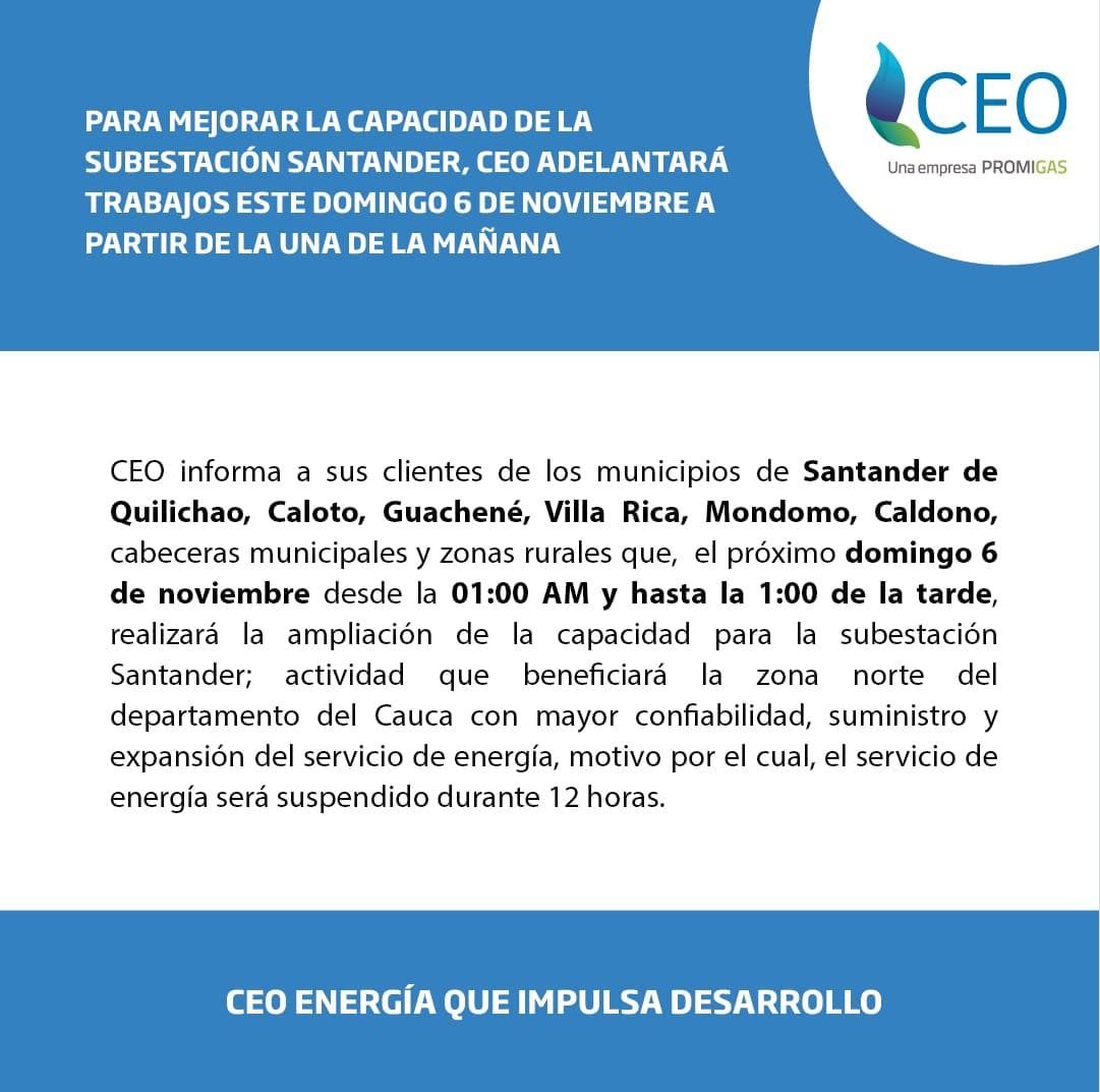 ESTE DOMINGO 06 DE NOVIEMBRE NO HABRA ENERGÍA DURANTE 12 HORAS, EN EL NORTE DEL CAUCA