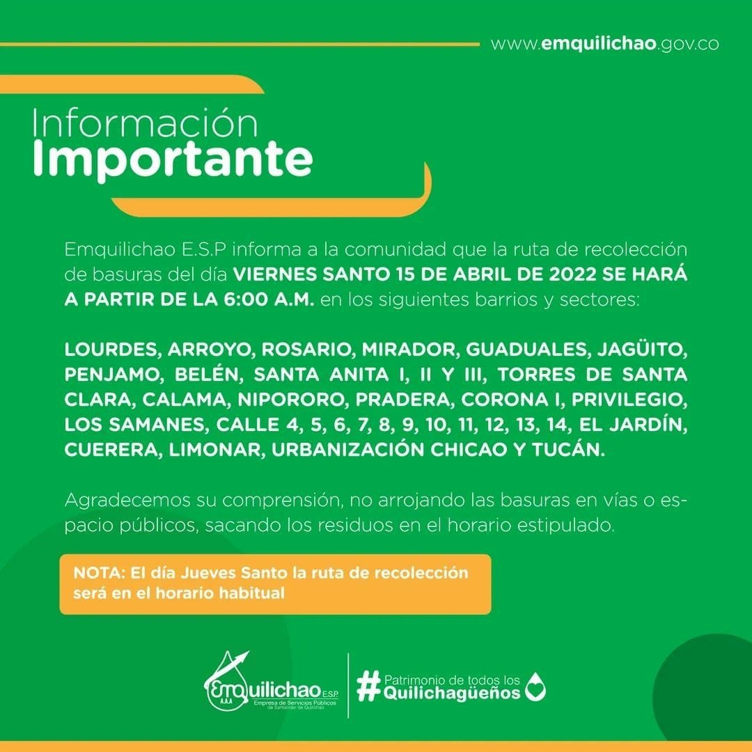 ESTE VIERNES CAMBIA EL HORARIO DE RECOLECCIÓN DE BASURAS