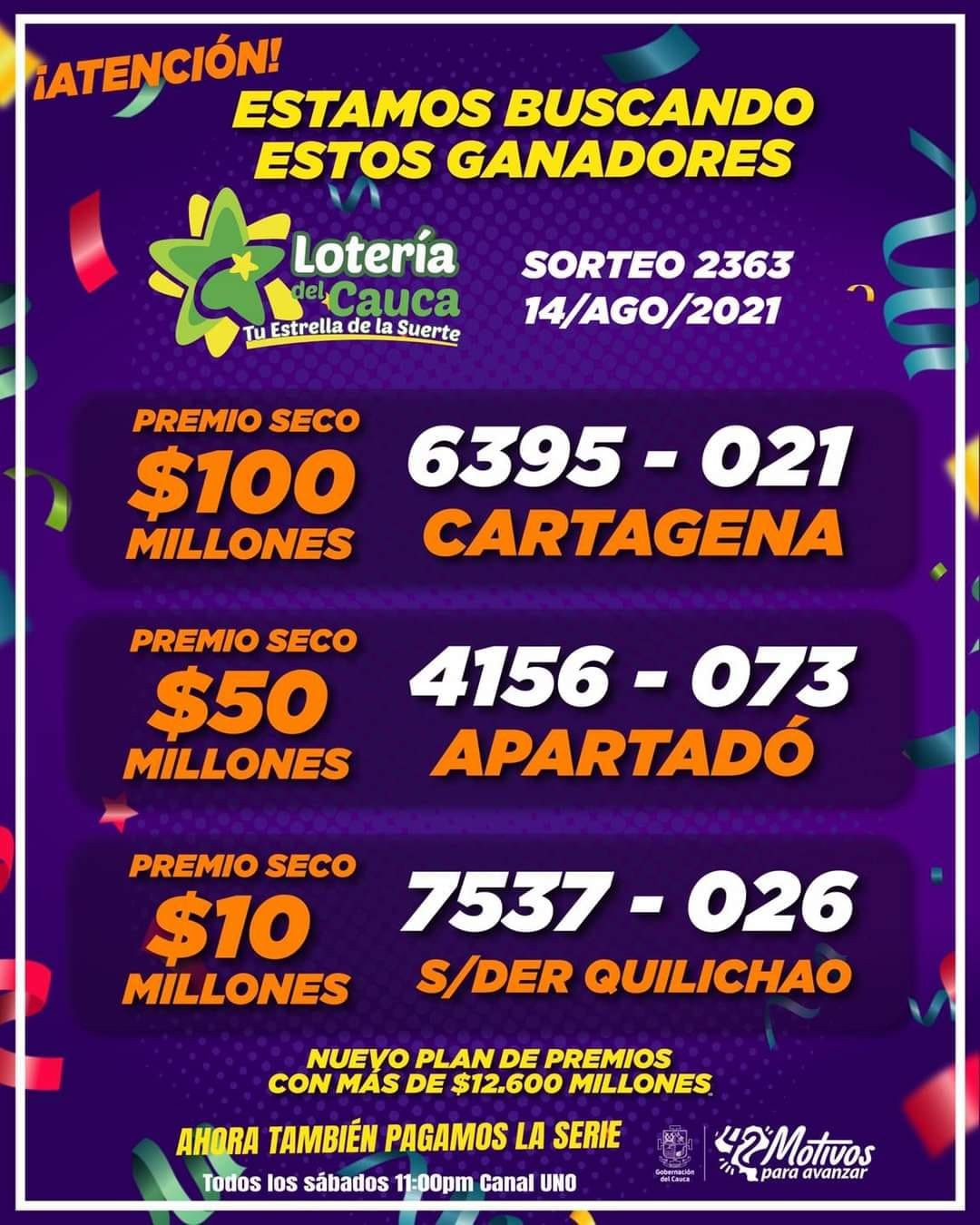 Estamos buscando los ganadores - Lotería del Cauca Sorteo 2363 Agosto 14 de 2021