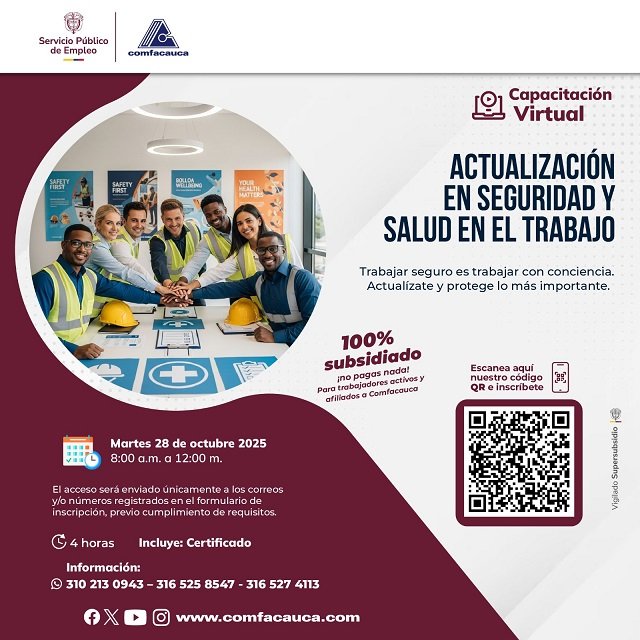 Formación Gratuita Comfacauca Abre Inscripciones a Taller Virtual de Actualización en Seguridad y Salud en el Trabajo (SST)