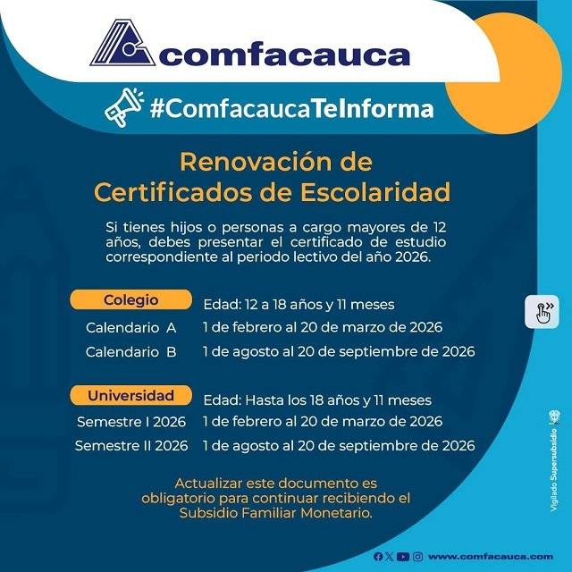 Inicia plazo para presentar certificados de escolaridad ante Comfacauca y asegurar el subsidio