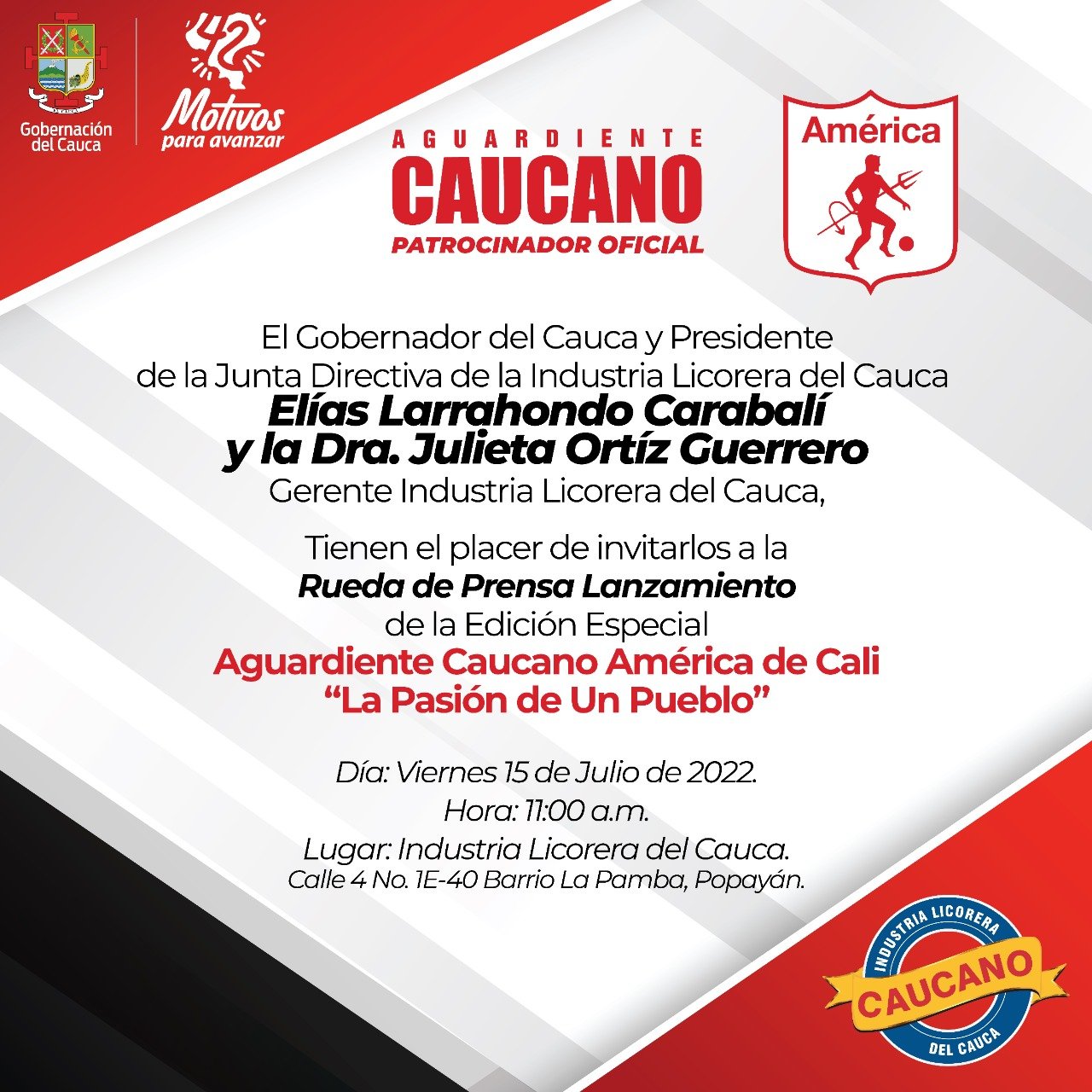 Invitacion rueda de prensa Lanzamiento Aguardiente Cauca America de Cali