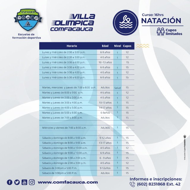 NATACIÓN en los diferentes centros recreativos y Villa Olímpica de Comfacauca1