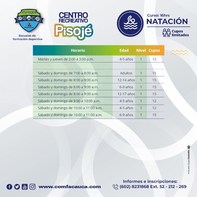 NATACIÓN en los diferentes centros recreativos y Villa Olímpica de Comfacauca2