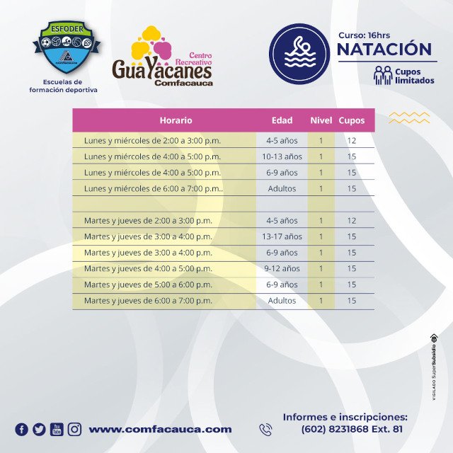 NATACIÓN en los diferentes centros recreativos y Villa Olímpica de Comfacauca3