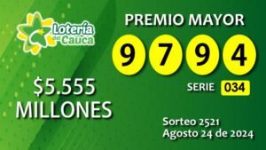 Premio Mayor Sorteo 2521 Agosto 24 de 2024 - Lotería del Cauca