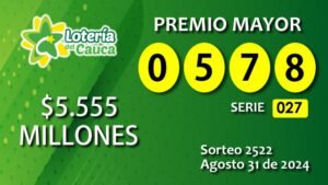Premio Mayor Sorteo 2522 Agosto 31 de 2024 - Lotería del Cauca