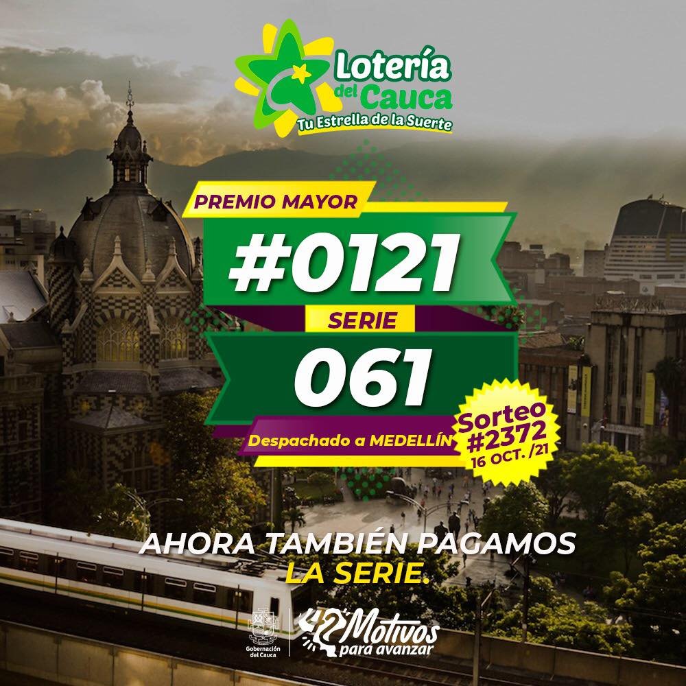 Premio mayor de la Lotería del Cauca, sorteo 2372 del 16 de octubre de 2021-