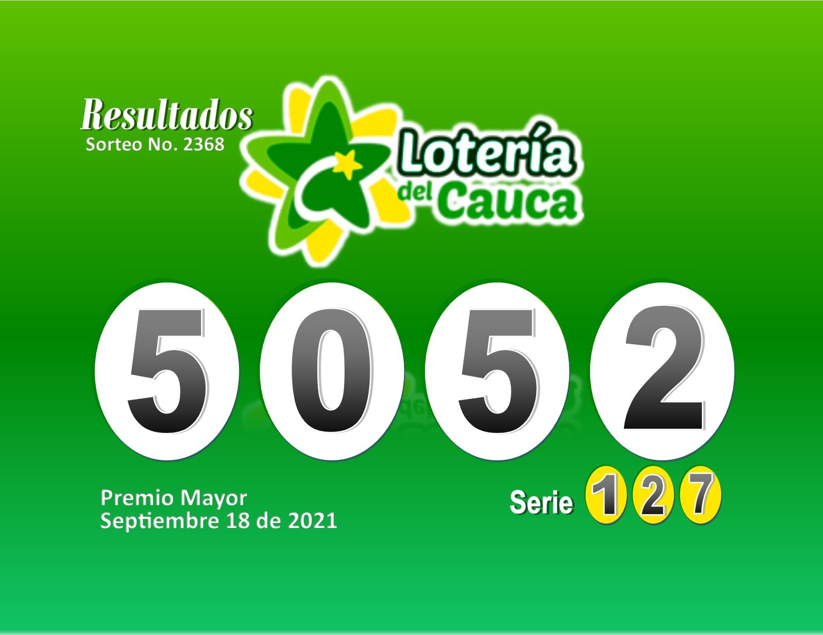 Resultados Lotería del Cauca Sorteo 2368 del 18 de Septiembre de 2021