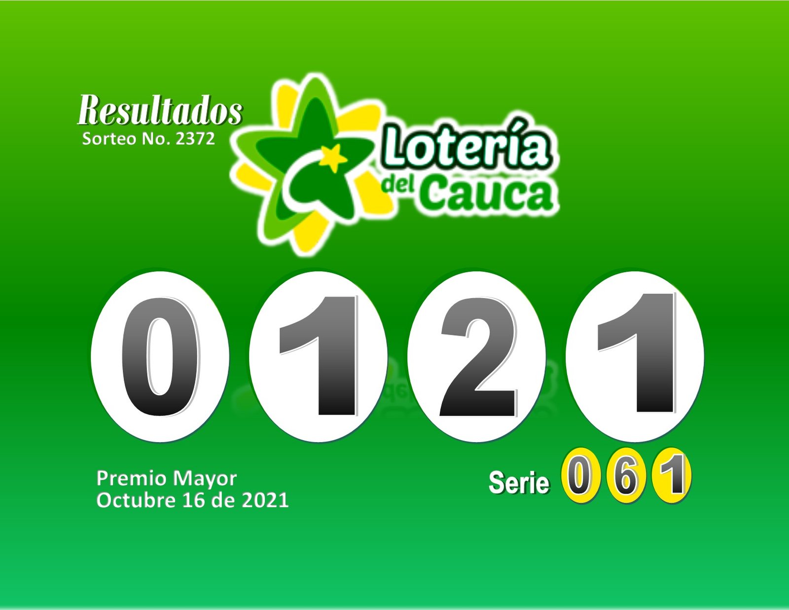 Resultados Lotería del Cauca Sorteo 2372 del 16 de octubre de 2021