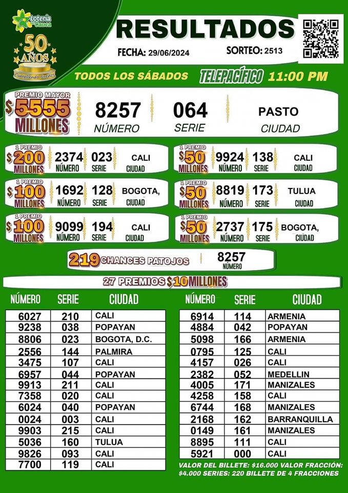 Resultados de la Lotería del Cauca del Sorteo 2513 del 29 de junio de 2024