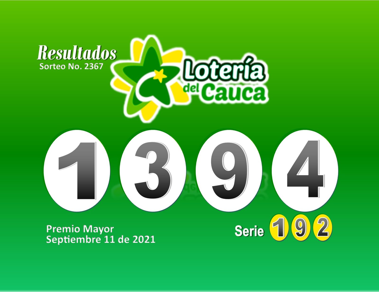 Resultados Lotería del Cauca – Sorteo 2367 del 11 de septiembre