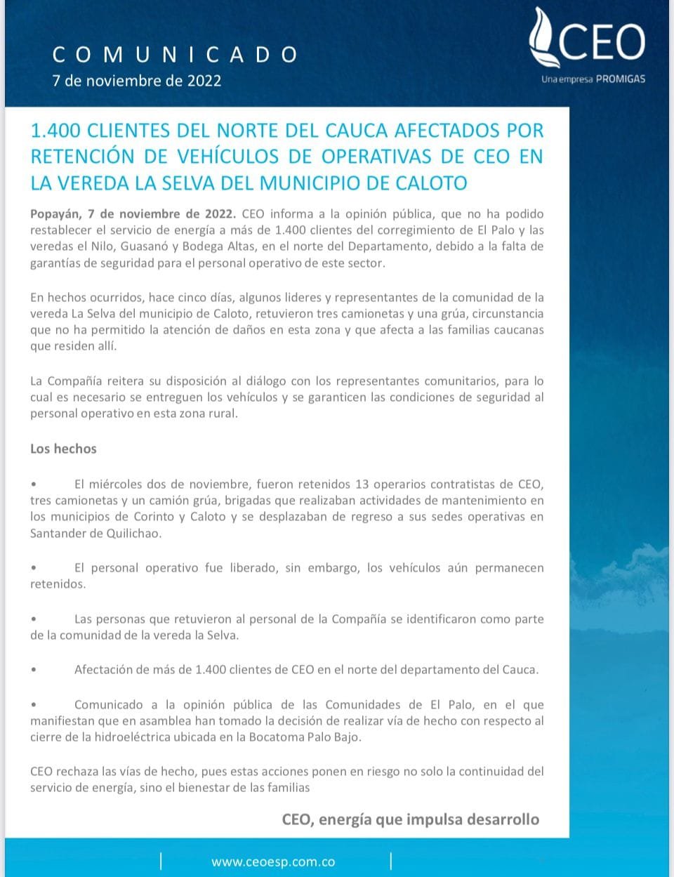 Retienen vehículos de la Compañia Energética de Occidente en Caloto Cauca