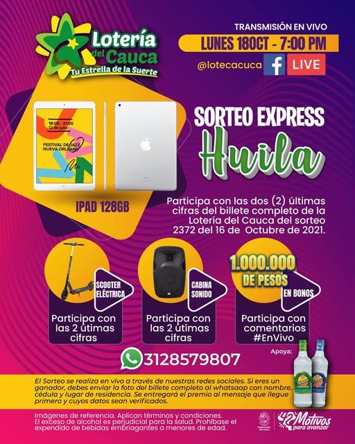 Sorteo Express Huila - Lotería del Cauca-