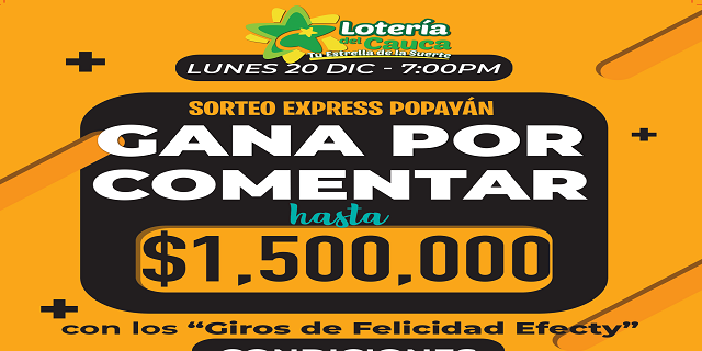 Participa en el Sorteo Express Popayán de la Lotería del Cauca este lunes 20 de diciembre