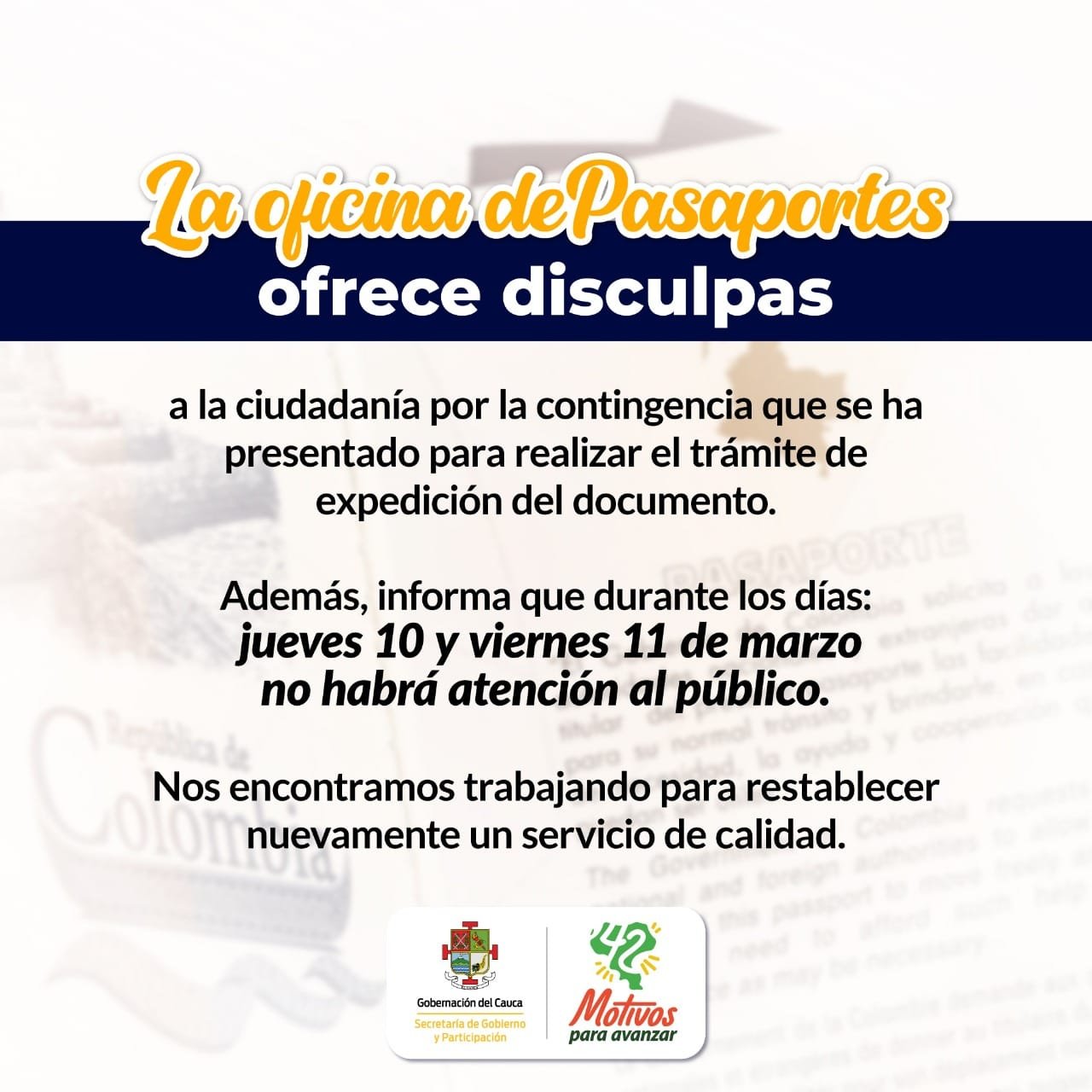 Variaciones en el servicio de trámites para expedición de pasaportes durante los días jueves 10 y viernes 11 de marzo