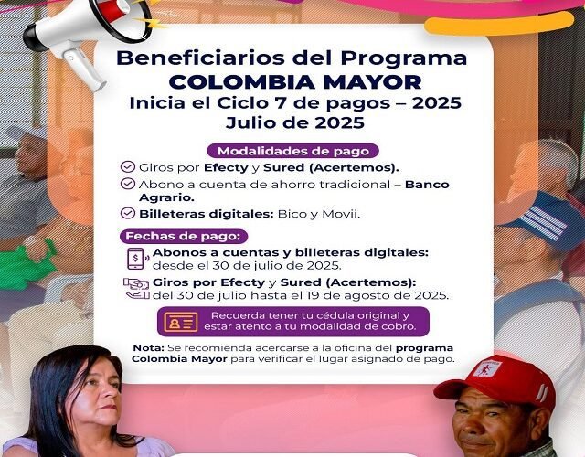 ¡Atención, beneficiarios! El Ciclo 7 de pagos del programa Colombia Mayor iniciará pronto