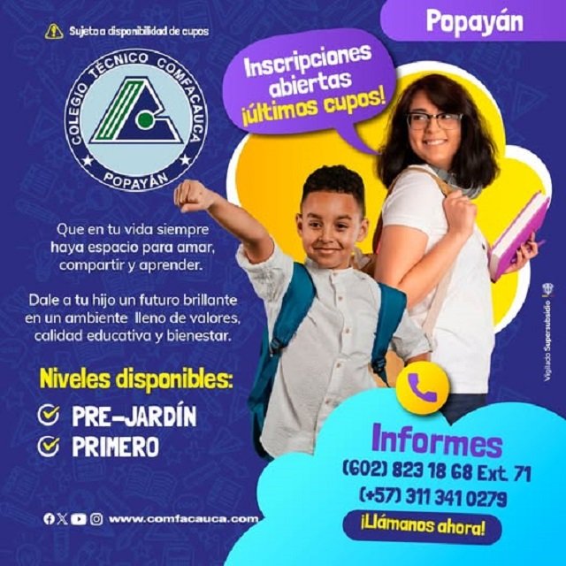 ¡Inscripciones abiertas! El Colegio Técnico Comfacauca de Popayán te espera para los niveles Pre Jardín y Primero